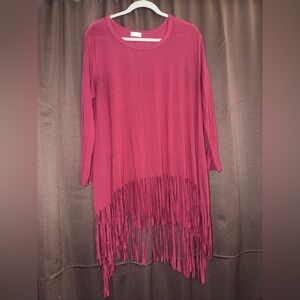 ODDY Burgundy Fringe Hem Long Sleeve Top